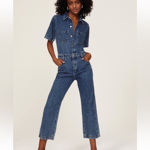 DL1961 Hannah Denim Straight Leg Button Front Short Sleeve Long Jumpsuit Sz XS - Picture 1 of 10